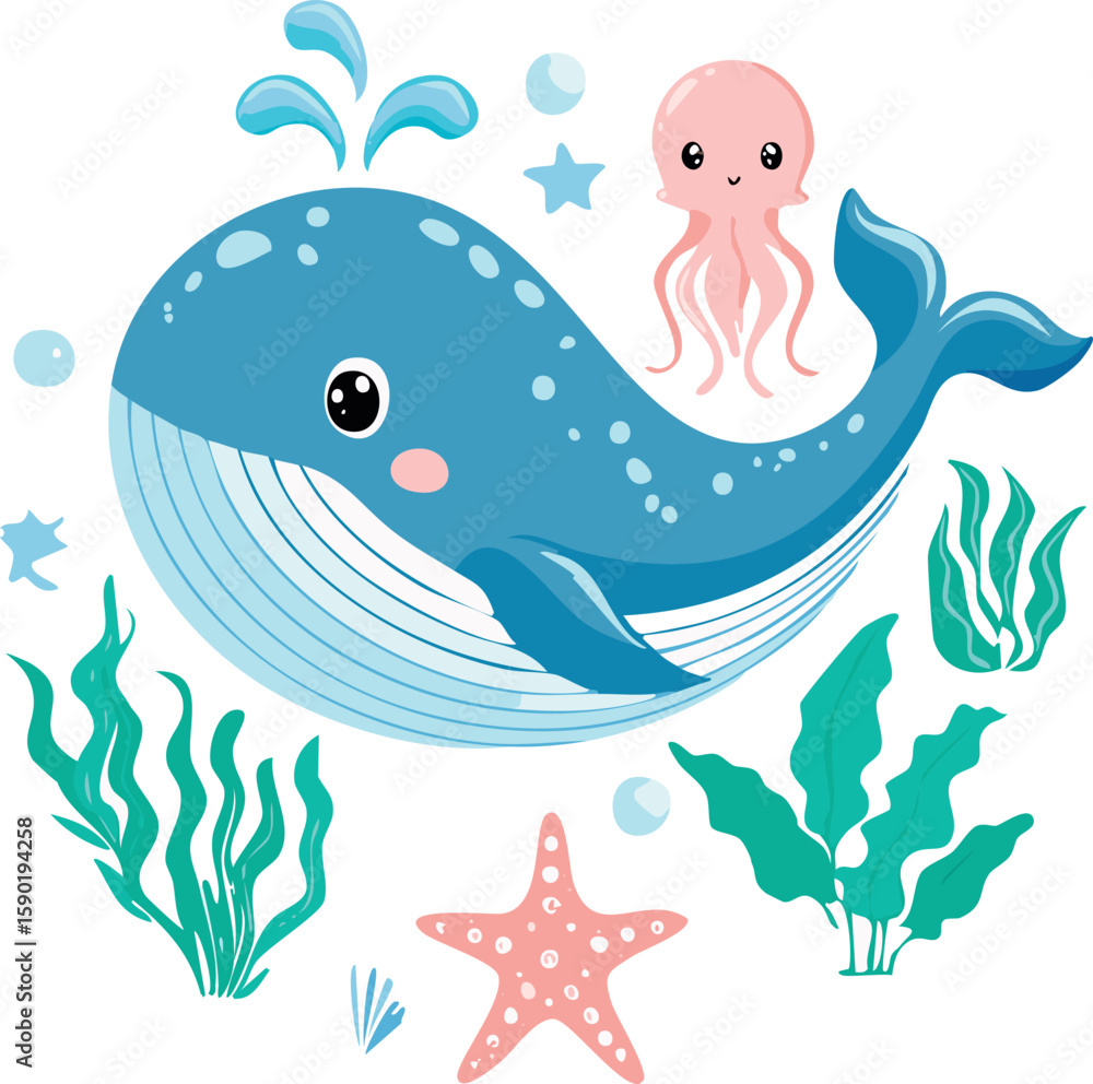 Fototapeta premium Perfect for baby posters, wall prints, educational cards, and textile patterns. A great choice for ocean-themed kids’ spaces, digital products, or creative baby shower designs.