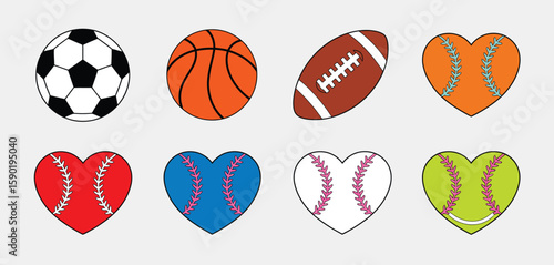 Collection of sports balls and heart shaped sports balls on a gray background