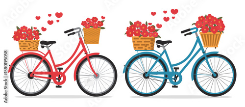 Two bicycles with flower baskets and hearts floating in the air