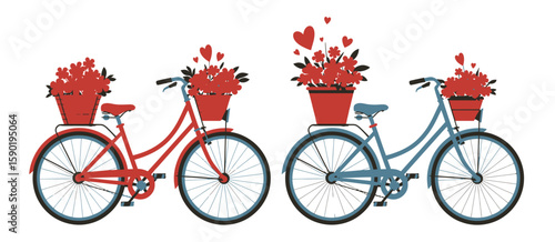 Two vintage bicycles with baskets full of red flowers and hearts