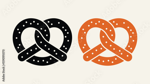 Two stylized pretzels one black and one orange with white dots on a cream background
