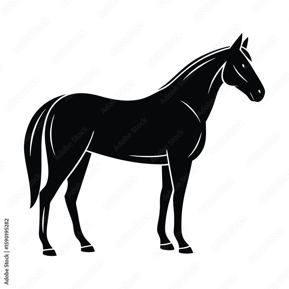 Obraz premium Black Silhouette of Standing Horse in Side View – Calm Posture Vector