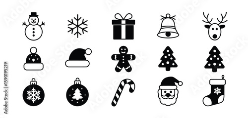 Collection of black and white christmas icons for holiday design