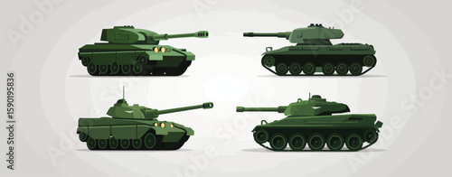 Four green military tanks in a flat design style arranged in a grid