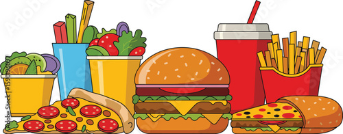A colorful assortment of popular fast food items including pizza burgers fries and drinks