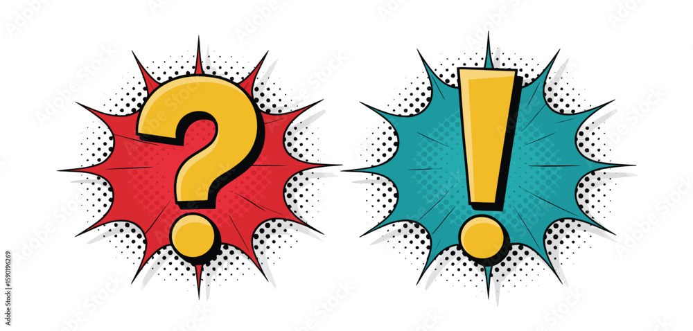 Obraz premium Comic book style question mark and exclamation point symbols with pop art burst background
