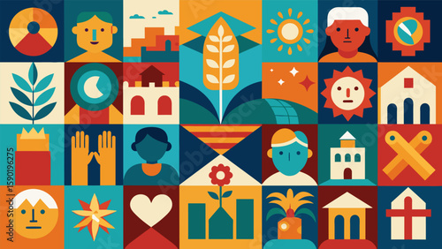 A mosaic of handpainted tiles representing different cultural symbols and icons celebrating the diversity of the community.. Vector illustration