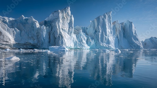 Wallpaper Mural Large towering glacier sharp ice formations cracks under clear blue sky icy blue reflections surrounding water clean white background highlights glaciers crisp textures enhanced soft light on the ice Torontodigital.ca