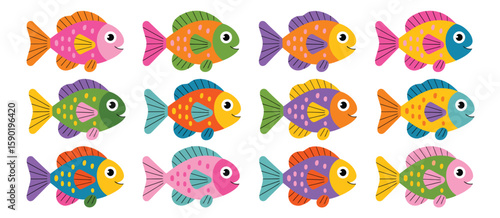 Collection of twelve colorful cartoon fish swimming in two rows
