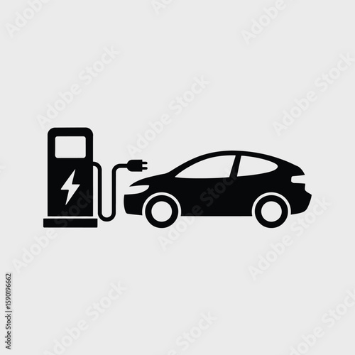 Black silhouette of an electric car charging at a charging station with a lightning bolt symbol