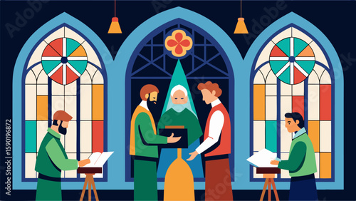 A group of artisans meticulously replicating ornate stained glass windows for a Gothic Revival church utilizing traditional techniques passed down. Vector illustration