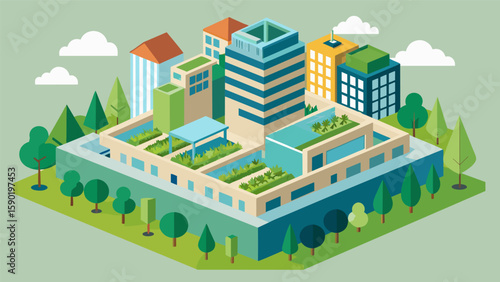 A mixeduse development utilizing green roof technology optimizing space and reducing urban heat island effect.. Vector illustration