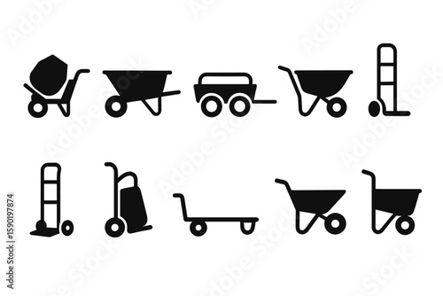 Gardening and tool silhouette icon set. wheelbarrow, handcart, equipment silhouette collection