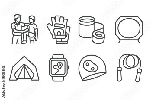 Sports and fitness outline icon set. gym, outdoor recreation, exercise equipment icons