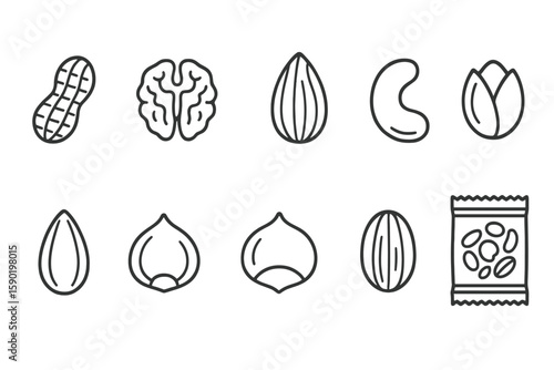 Nuts and seeds icon set. healthy eating outline icons for nutrition and food