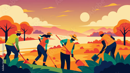 As the workers worked tirelessly the sky continued to brighten revealing the beauty of the surrounding landscape in the early morning light.. Vector illustration