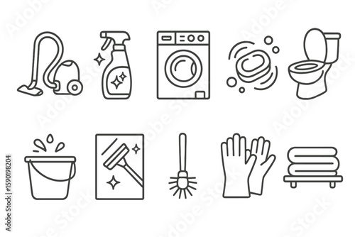 Cleaning and hygiene outline icon set. tools, supplies, sanitization, housekeeping collection