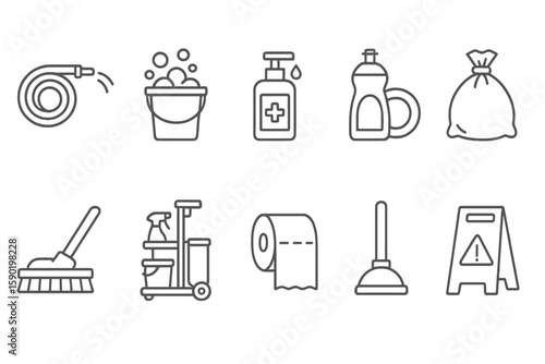 Cleaning, janitorial outline icon set. hygiene, tools, supplies line collection