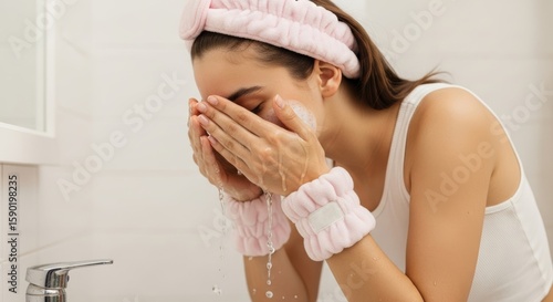 Young woman wash face at sink wearing soft pastel Headband Washing Face and wristbands, close crop on hands and arms with visible water flow stopped by bands, perfect skincare clean beauty content