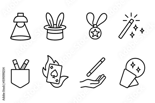 Magic, performance outline icon set. wizardry, illusion icons outline collection