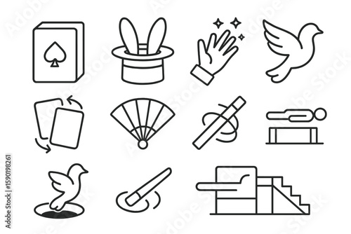 Magic and illusion line icon set. wizardry, tricks, cards, top hat line art collection