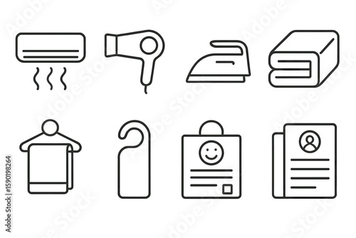 Hotel, hospitality line icon set for amenities and guest services