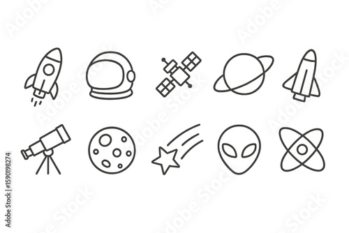 Space, astronomy outline icon set. rocket, planet, alien, telescope linear collection