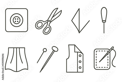 Sewing and tailoring line icon set: needle, thread, scissors, button essentials