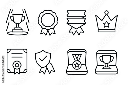 Awards and achievements line icon set. medals, trophies, certificates in outline style