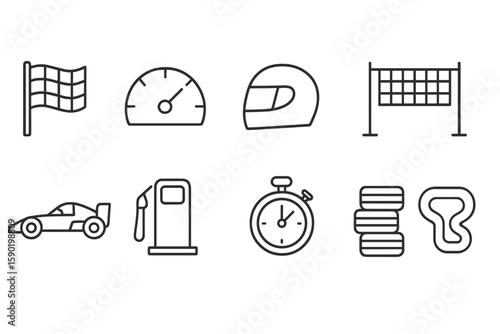 Motorsports, racing line icon set. speed, helmet, track icons collection