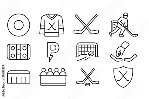 Hockey equipment outline icon set. sticks, pucks, goalie gear, rink essentials