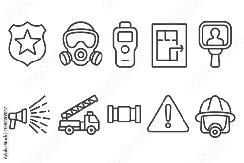 Safety and security outline icon set: emergency, alert, equipment symbols