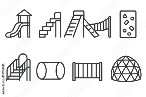 Playground equipment line icon set: swings, slides, and more for kids' fun