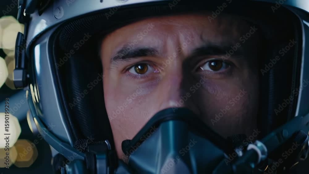 Intense focus of pilot in cockpit during night mission with headset and helmet Intense focus of pilot in cockpit during night mission with headset and helmet
