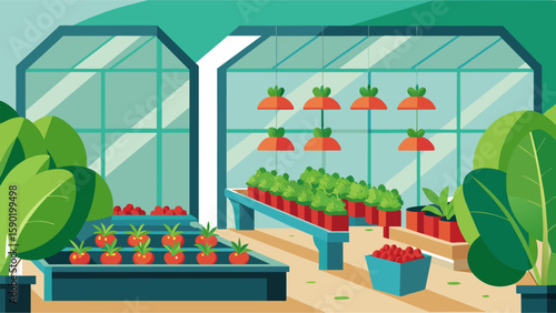 An indoor garden consisting of hydroponic panels providing fresh produce for occupants and reducing the buildings carbon footprint.. Vector illustration