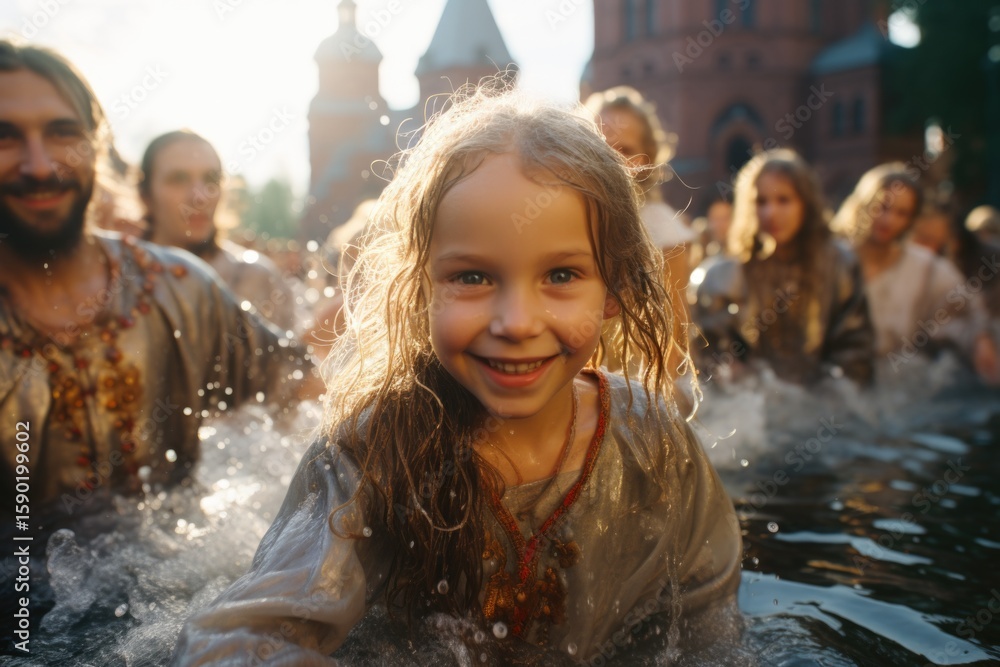 Obraz premium Participants engage in a joyful baptism ceremony in a historical setting, symbolizing the Christianization of Kievan Rus