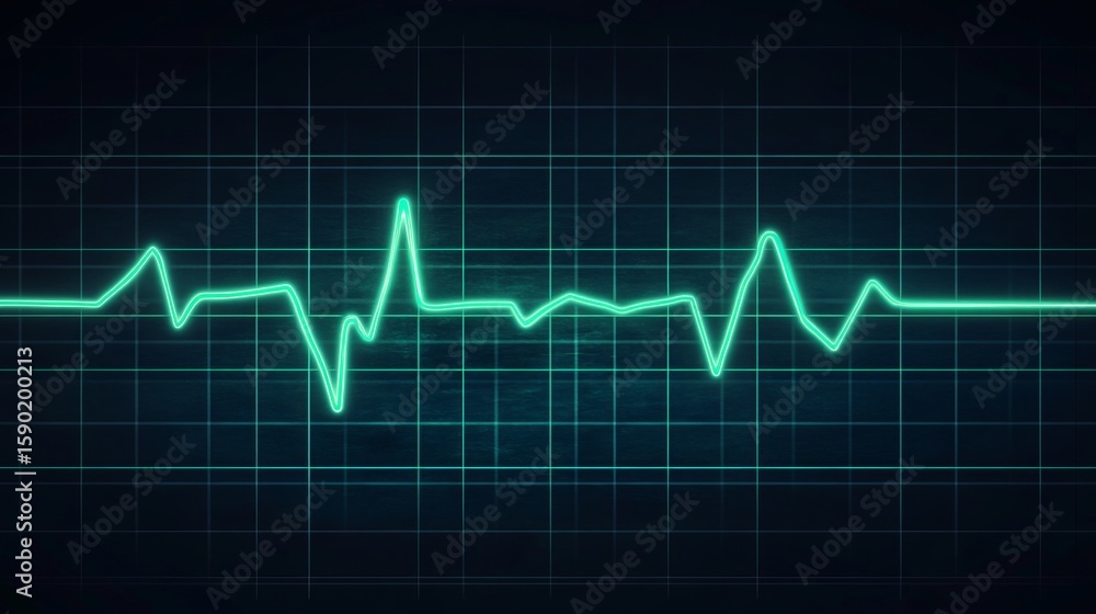 Cyan Electrocardiogram Trace on Dark Blue Grid for Heart Health Monitoring and Medical Diagnosis Cyan Electrocardiogram Trace on Dark Blue Grid for Heart Health Monitoring and Medical Diagnosis