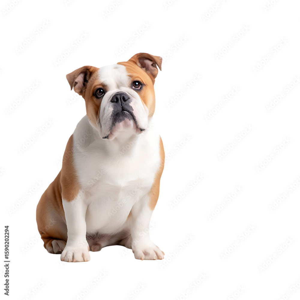 Obraz premium Bulldog a wrinkly and friendly dog breed sitting with a curious expression. isolated on white background or transparent background png cut out 37346188 1