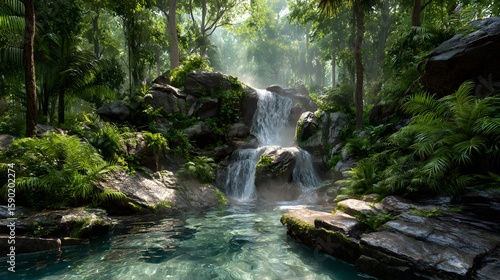 Lush green rainforest waterfall cascading down smooth stone into crystal clear pool below surrounded vibrant greenery fern background feature natural tropical setting misty air gentle sunlight