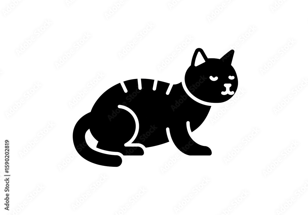 Obraz premium Sitting Cat Silhouette – Minimalist Black Vector of Feline with Curled Tail and Striped Back