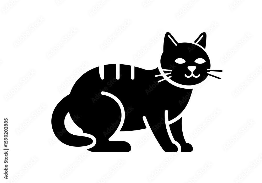 Obraz premium Sitting Cat Silhouette – Minimalist Black Vector of Feline with Curled Tail and Striped Back