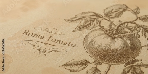 An illustration of a roma tomato with leaves and the words roma tomato on a beige background
