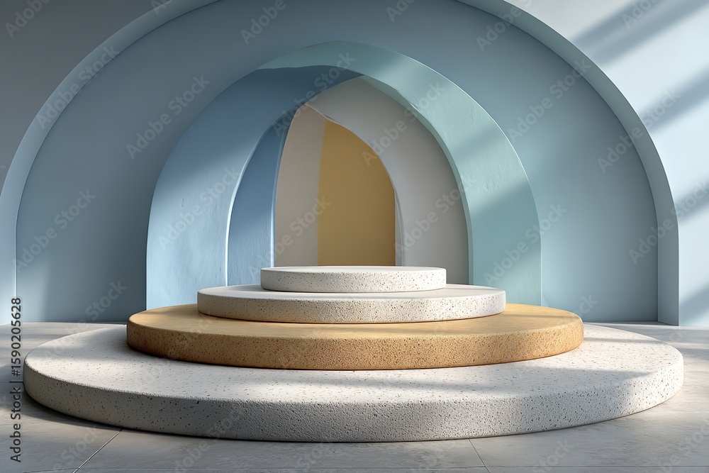Fototapeta premium Minimal 3D Stage Mockup with Circular Steps in Soft Pastel Blue, White, and Tan Tones – Clean Product Display for Branding and Advertising