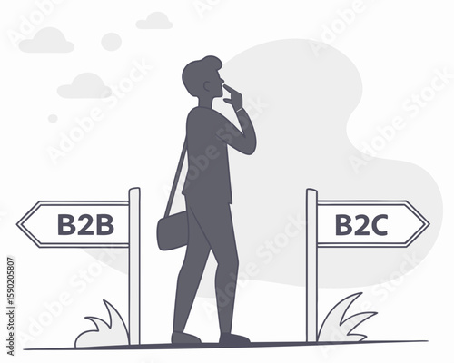 Business person contemplating between b2b and b2c choices with decision arrows