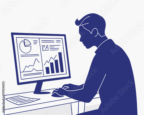 Business professional analyzing data and charts on computer monitor during office work