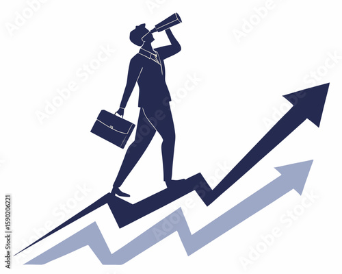 Business visionary looks through telescope standing on upward arrow