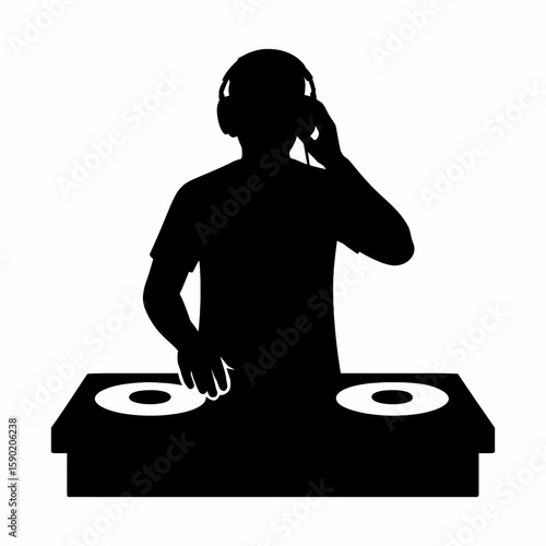 DJ silhouette mixing music on turntables