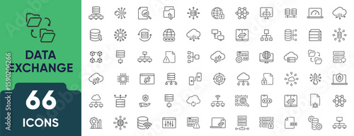 Data Exchange Line Icon Set. Set of 66 outline icons including file transfer, cloud sync, server, network traffic, upload, download, and sharing. Editable stroke. Linear vector illustration.