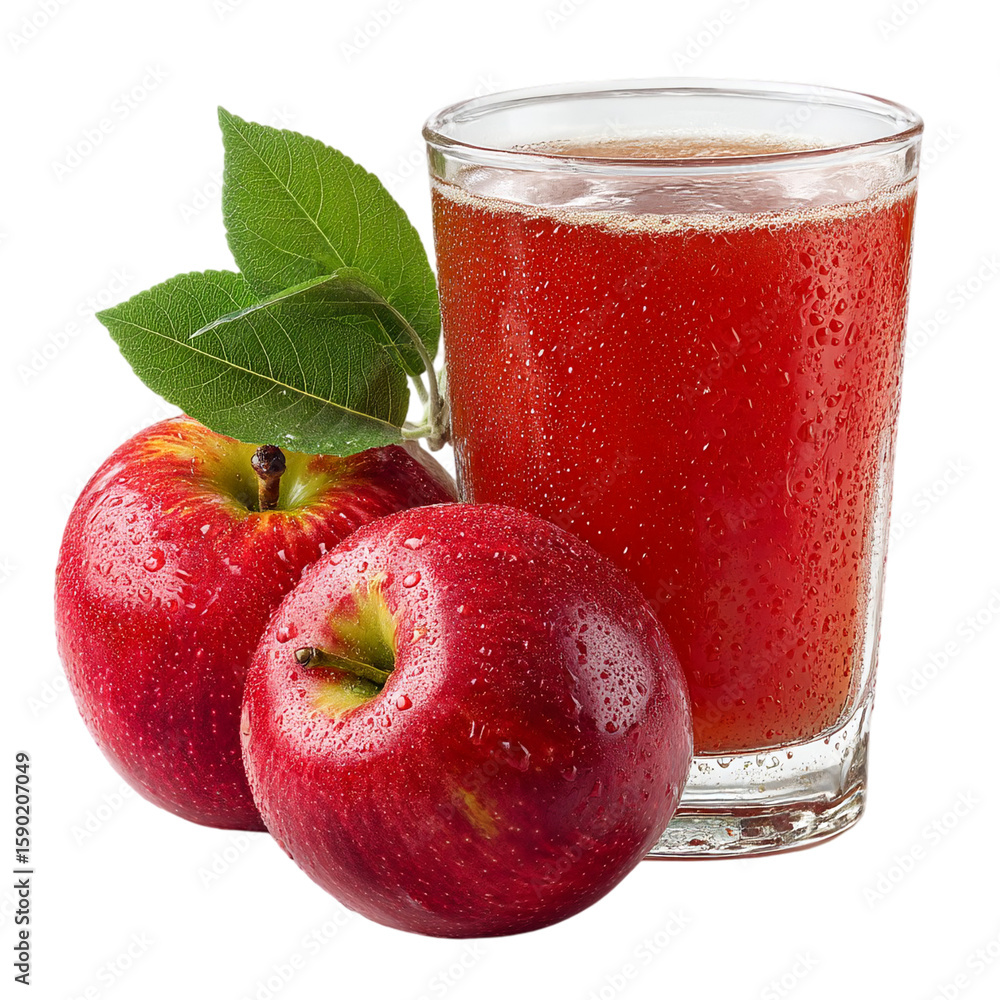 Fresh red apples and juice beverage drink in glass studio still isolated on transparent background Fresh red apples and juice beverage drink in glass studio still isolated on transparent background