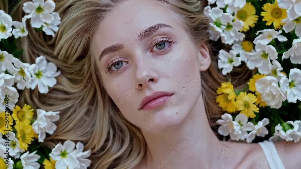 Serene transformation: woman awakening in flower meadow Serene transformation: woman awakening in flower meadow
